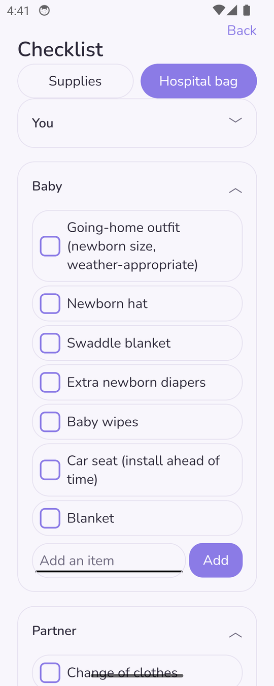 Hospital-bag checklist — a real screen from the app in development